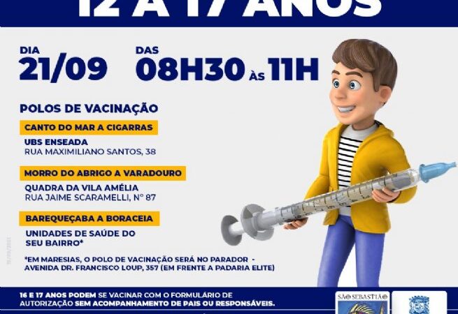 Nesta terça-feira (21) haverá repescagem de primeira dose para adolescentes de 12 a 17 anos