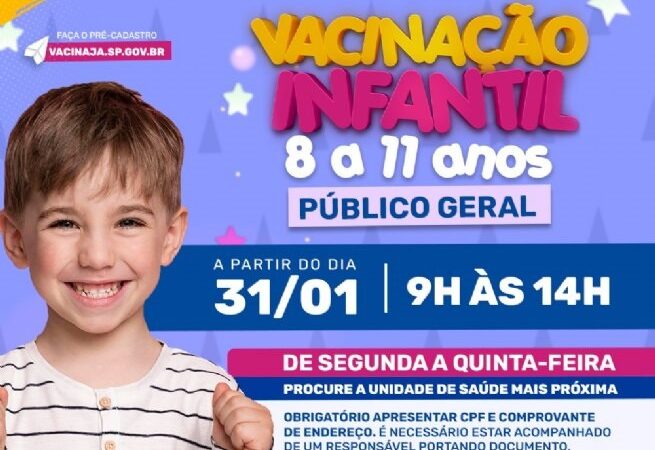 São Sebastião inicia nesta segunda-feira (31) a vacinação contra Covid-19 em crianças entre 8 e 11 anos