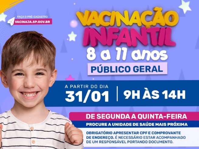São Sebastião inicia nesta segunda-feira (31) a vacinação contra Covid-19 em crianças entre 8 e 11 anos