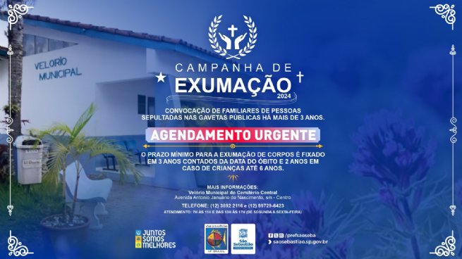 Prefeitura de São Sebastião convoca familiares de sepultados há mais de três anos para exumação dos corpos